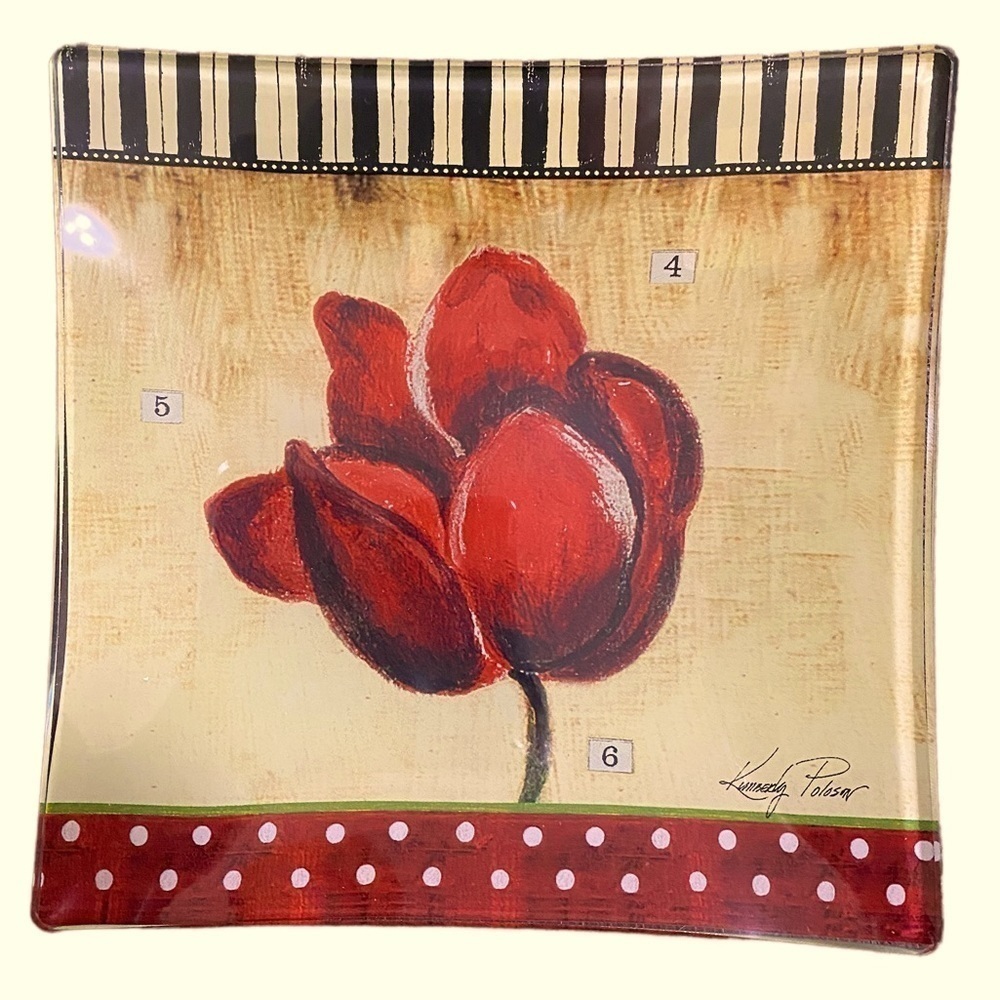 Artist Kimberly Poloson 6x6 Glass Red Tulip Plate. Circa 2007 NEW